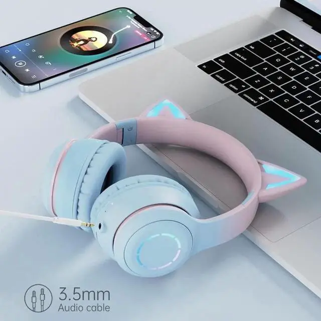 Alt view image 3 of 5 - Gemdeck Wired Headphones Cat Ear Gradient Headset Bluetooth Foldable Headphones Gift Blue Purple