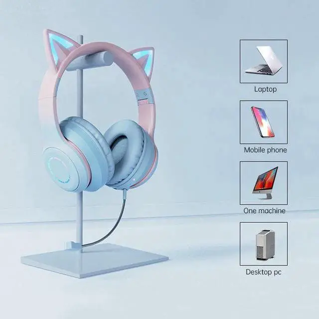 Alt view image 4 of 5 - Gemdeck Wired Headphones Cat Ear Gradient Headset Bluetooth Foldable Headphones Gift Blue Purple