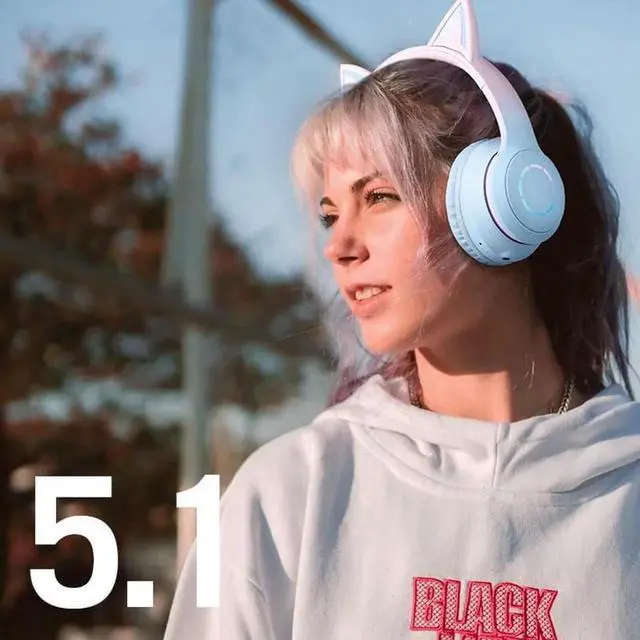 Alt view image 2 of 5 - Gemdeck Wired Headphones Cat Ear Gradient Headset Bluetooth Foldable Headphones Gift Blue Purple