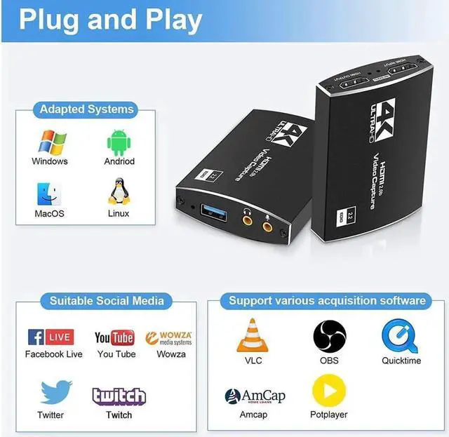 Alt view image 5 of 6 - 4K@60Hz HDMI-Compatible Video Capture Card Live Recording Box 4K HDMI to USB3.0/Type-C Video Card with Mic & 3.5mm Audio for Game Live Streaming for PS4 Computer Phones