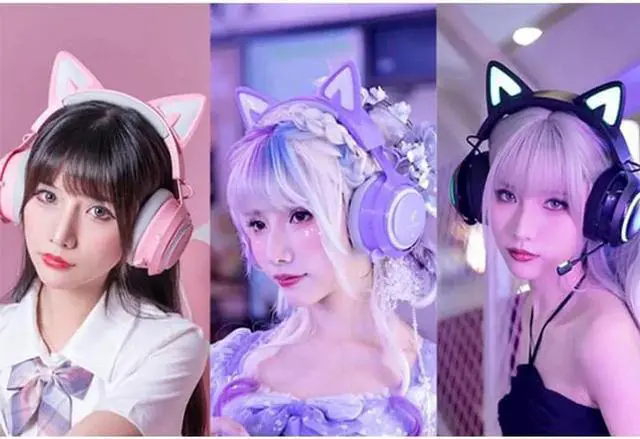 Alt view image 2 of 5 - Gemdeck Wired Headphones Cat Ear LED Light Headset Bluetooth Foldable Headphones Gift