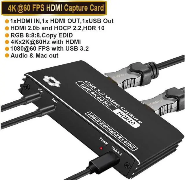 Main image of 4K60FPS USB3.2 Capture Card Video Capture Card,HDMI Capture Card Switch with Microphone USB-C Game Capture Card for Live Streaming Video Recording Screen Capture Device Work with PS4/PC