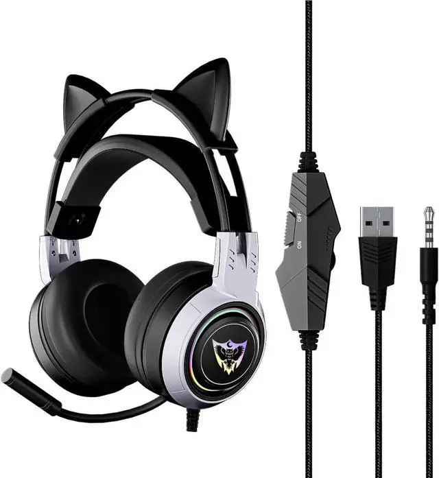 Main image of Gemdeck Wired Headphones Cute Cat Ear Bluetooth Foldable Headphones Gift Silver Black