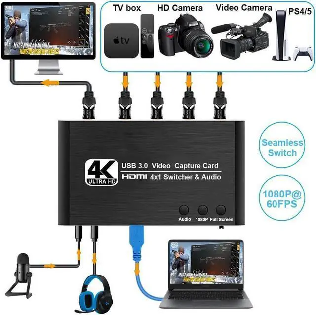 Alt view image 3 of 7 - 4x1 HDMI Video Capture Card 4K@30Hz 4K30FPS Seamless Switch,USB3.0 HDMI Capture Card Switch with with Mic&Audio Game Capture Card for Live Streaming Video Recording Screen Capture Device