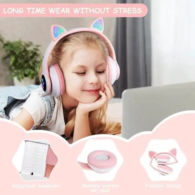 Alt view image 3 of 7 - Gemdeck Cat Ear Bluetooth Headset Luminous Cat Ear Wireless Headset Pluggable Cable White