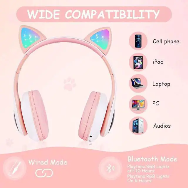 Alt view image 7 of 7 - Gemdeck Cat Ear Bluetooth Headset Luminous Cat Ear Wireless Headset Pluggable Cable White