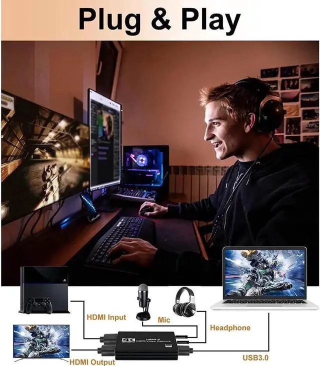 Alt view image 7 of 7 - Capture Card 1080p 60fps 4K HDMI Video Game Capture Card to USB/Type-C with Mic HDMI Loop-Out Low Latency Record Broadcast Live Streaming Compatible with Nintendo Switch/PS4/PS5/Xbox One