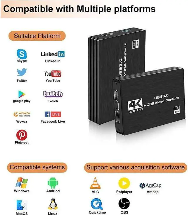 Alt view image 3 of 7 - 4K Video Capture Card, HDMI to USB/Type-C Live Gamer Capture Card Full HD 1080P 60fps, Ultra-Low Latency for Streaming and Recording, Work with Nintendo Switch, PS5, PS4, Xbox One, PC