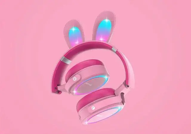 Alt view image 2 of 5 - Gemdeck Headphones with LED Illuminated Rabbit Ears Audio Headphones Pink