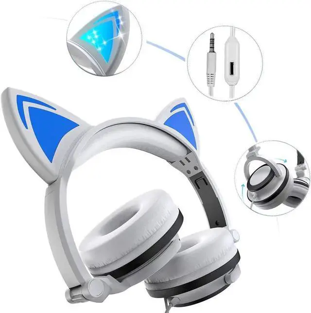 Alt view image 2 of 5 - Gemdeck Wired Headphones with Microphone, On-Ears Adjustable Stereo Foldable LED Cat Kitty Gift