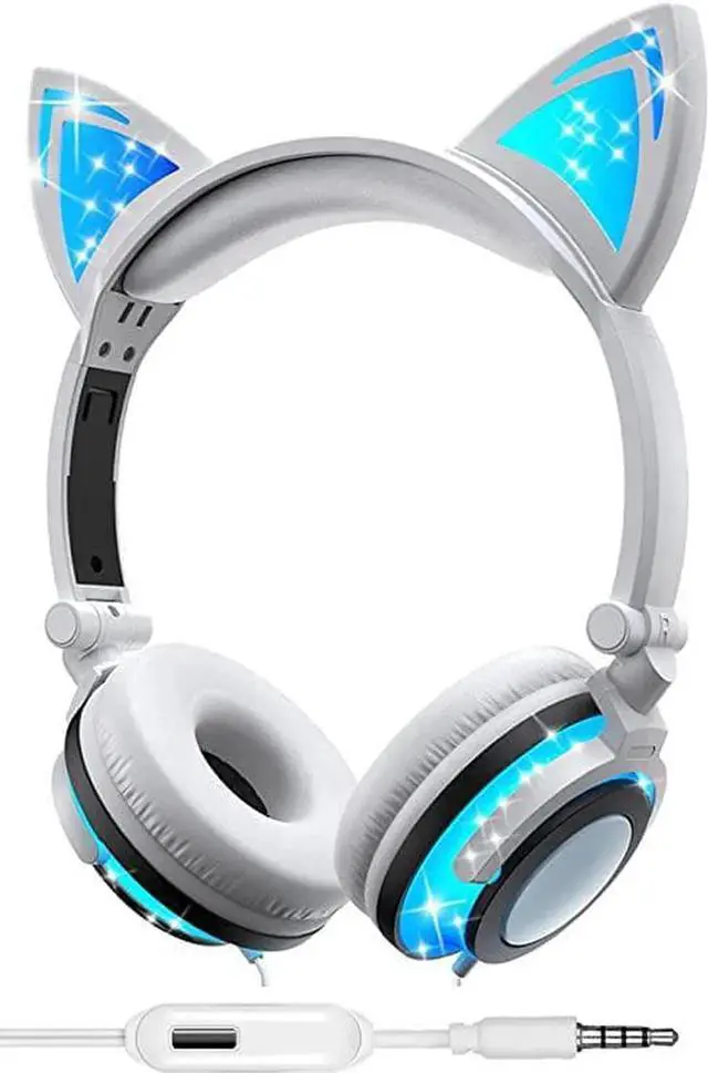 Main image of Gemdeck Wired Headphones with Microphone, On-Ears Adjustable Stereo Foldable LED Cat Kitty Gift
