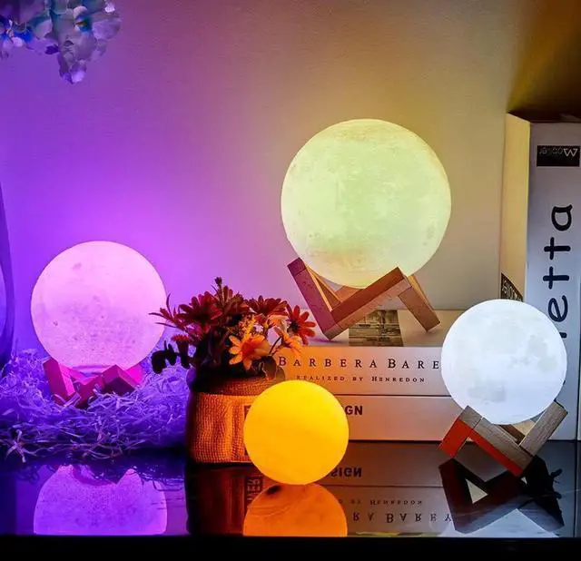 Alt view image 6 of 6 - Gemdeck Moon Lamp, LOGROTATE 16 Colors LED Night Light 3D Printing Moon Light with Stand & Remote/Touch Control and USB Rechargeable 15cm