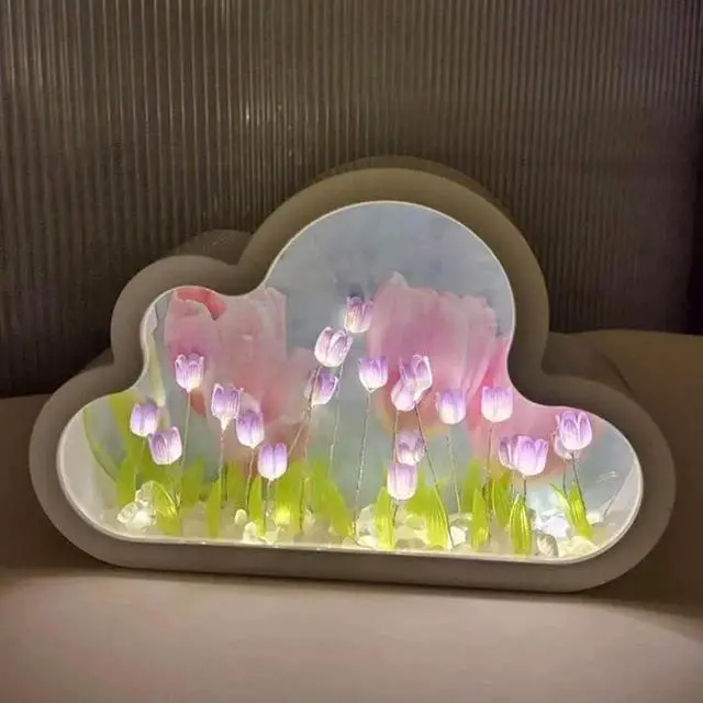 Main image of Gemdeck DIY Tulip Night Light, Cloud Tulip Mirror Night Light, Simulation Flower Bedroom Sleeping Table Lamp Purple