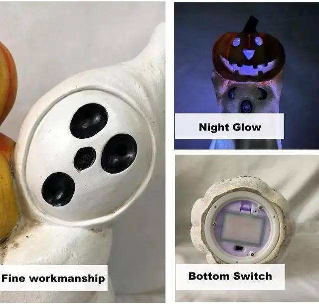 Alt view image 2 of 5 - Gemdeck Halloween Decor Ghost With Pumpkin Light Up Jack-o'-lantern Ceramic Pumpkin Light