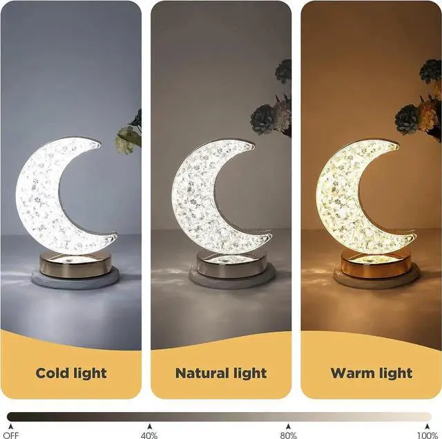 Alt view image 5 of 5 - Gemdeck Crystal Moon Table Lamp, Touch Nightstand Lamp for Bedroom, 3 Colors Modes, Moon Night Light