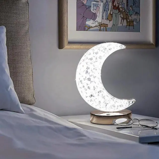 Alt view image 4 of 5 - Gemdeck Crystal Moon Table Lamp, Touch Nightstand Lamp for Bedroom, 3 Colors Modes, Moon Night Light