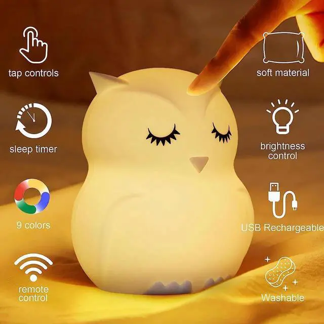 Alt view image 4 of 5 - Gemdeck Owl Night Lights for Kids, 9 Colors USB Rechargeable Soft Silicone LED Nightlight