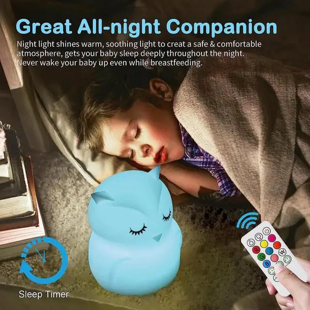 Alt view image 3 of 5 - Gemdeck Owl Night Lights for Kids, 9 Colors USB Rechargeable Soft Silicone LED Nightlight