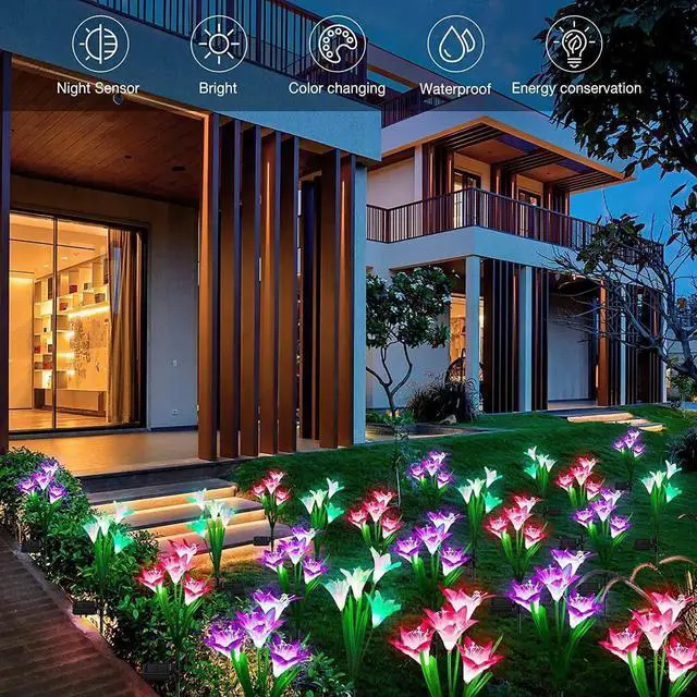 Alt view image 6 of 6 - Gemdeck 4 Pack Outdoor Solar Garden Bigger Lily Flowers Lights, Waterproof 7 Color Changing Lights Garden Decoration