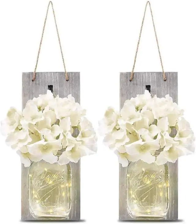 Main image of Gemdeck Hanging Lantern Mason Jar Lights Wooden Board Led Mason Jar Wall Lights