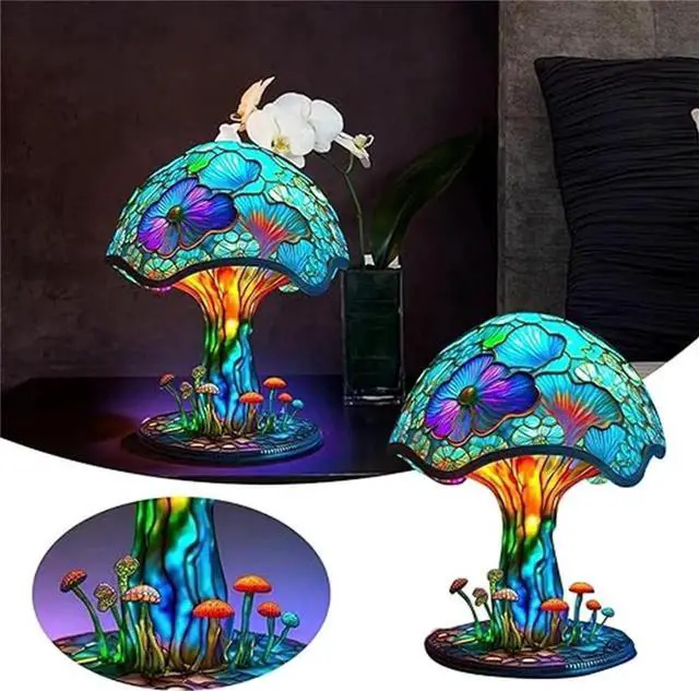 Alt view image 4 of 5 - Gemdeck Painting Mushroom Table Lamp, Hight Stained Plant Series Night Light, Bohemian Resin Mushroom Decorative