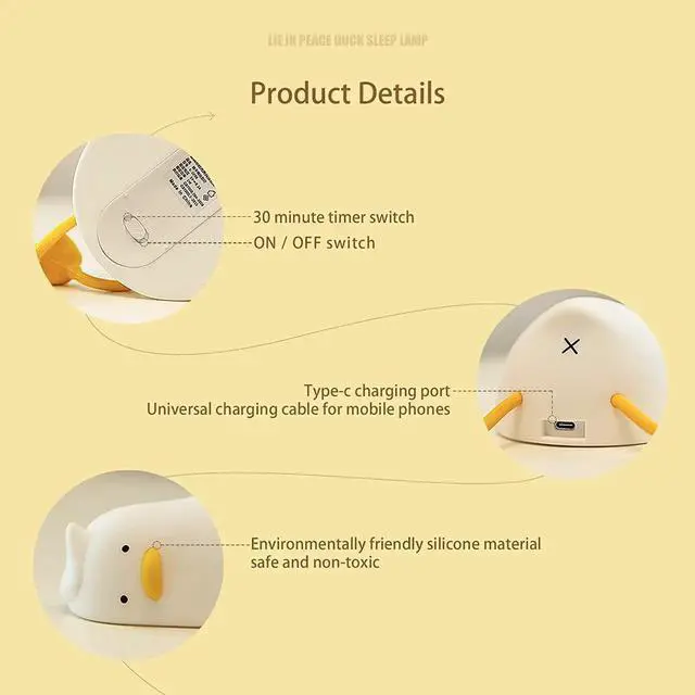 Alt view image 5 of 6 - Gemdeck Lying Flat Duck Night Light, LED Squishy Duck Lamp, Silicone Dimmable Nightlight