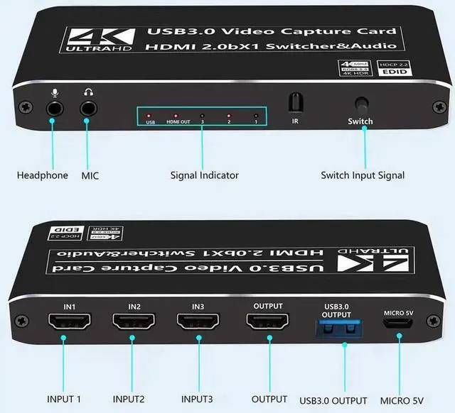 Alt view image 4 of 7 - 3X1 4K@60Hz Video Capture Device Video Capture Card 4K 60fps HDMI-compatible to HDMI&USB3.0/Type-C with Mic & 3.5mm Audio & IR for Game Record Live Streaming Broadcast