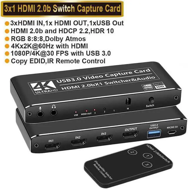 Main image of 3X1 4K@60Hz Video Capture Device Video Capture Card 4K 60fps HDMI-compatible to HDMI&USB3.0/Type-C with Mic & 3.5mm Audio & IR for Game Record Live Streaming Broadcast