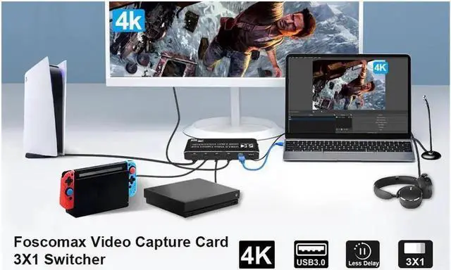 Alt view image 7 of 7 - 3X1 4K@60Hz Video Capture Device Video Capture Card 4K 60fps HDMI-compatible to HDMI&USB3.0/Type-C with Mic & 3.5mm Audio & IR for Game Record Live Streaming Broadcast