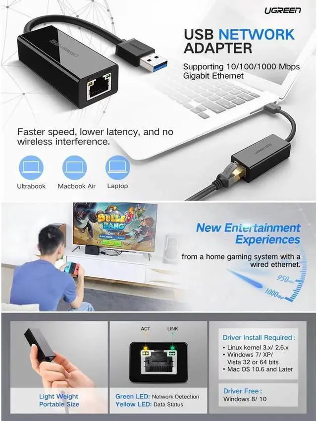 Alt view image 5 of 7 - Network Adapter USB 3.0 to Ethernet RJ45 Lan Gigabit Adapter for 10/100/1000 Mbps Ethernet Supports Nintendo Switch, Black