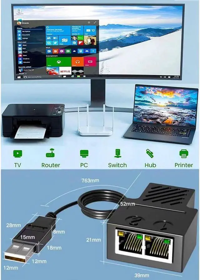 Alt view image 6 of 7 - Ethernet Splitter 1 to 2 RJ45 Network Adapter [Internet at The Same Time], USB to Dual Female RJ45 Port with 1.2m USB Power Cable,for Cat7/6/5/5e Network Cable,Compatible with Router,TV