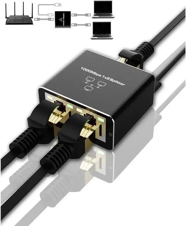 Main image of Gigabit Ethernet Cable Splitter 1 to 2, RJ45 Splitter 1 in 2 Out hub, 1000Mbps Shielded Ethernet Splitter, Internet Cable 8P8C Extender Plug LAN Cable for Cat5, Cat5e, Cat6, Cat7,Cat8