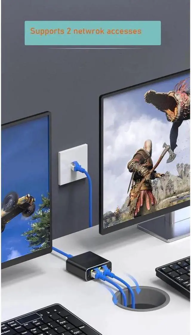 Alt view image 2 of 7 - Gigabit Ethernet Cable Splitter 1 to 2, RJ45 Splitter 1 in 2 Out hub, 1000Mbps Shielded Ethernet Splitter, Internet Cable 8P8C Extender Plug LAN Cable for Cat5, Cat5e, Cat6, Cat7,Cat8