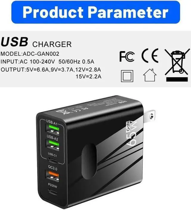 Alt view image 3 of 7 - USB C Charger 65W PD 3.0 USB C Wall Charger Portable Adapter with 5-Port iPhone Charger USB C Block Plug Compatible with iPhone 13/13 Pro/12/12 Pro Max/MacBook/iPad Pro/Galaxy - Black