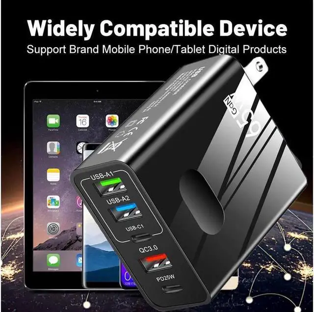 Alt view image 6 of 7 - USB C Charger 65W PD 3.0 USB C Wall Charger Portable Adapter with 5-Port iPhone Charger USB C Block Plug Compatible with iPhone 13/13 Pro/12/12 Pro Max/MacBook/iPad Pro/Galaxy - Black