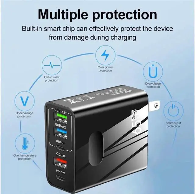 Alt view image 2 of 7 - USB C Charger 65W 5-Port Portable Charger USB Type-C Charger Compact GaN Fast Charger USB C Fast Charging Block for MacBook Pro/Air iPhone 14 Pro, Galaxy Tab S8, S23, Dell XPS 13- White