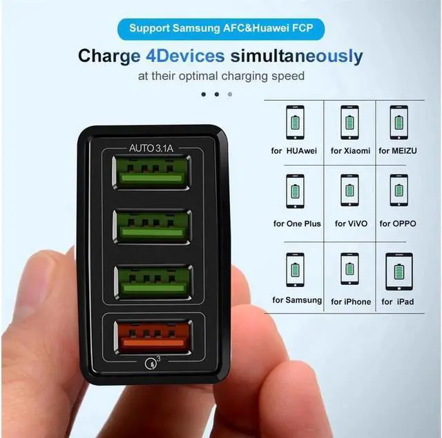 Alt view image 7 of 7 - 48W Quick Charger 3.0 USB Charger for Samsung A50 A30 iPhone 7 8 Huawei P20 Tablet QC 3.0 Fast Wall Charger - Black