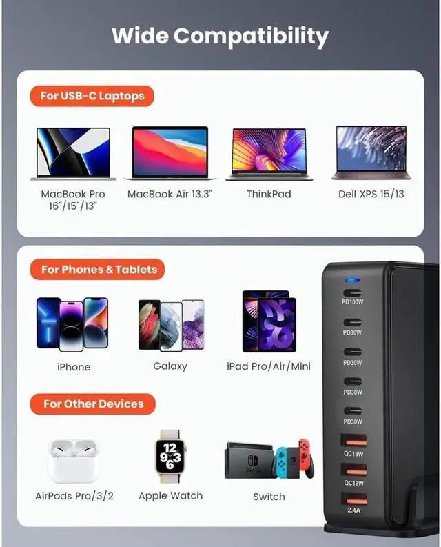 Alt view image 6 of 7 - 8 Prots USB C 268W Fast Charger QC4.0 USB PD Muti Ports GaN Charger Mobile Phone Quick Charging Type C Wall for iPhone Xiaomi Samsung - Black