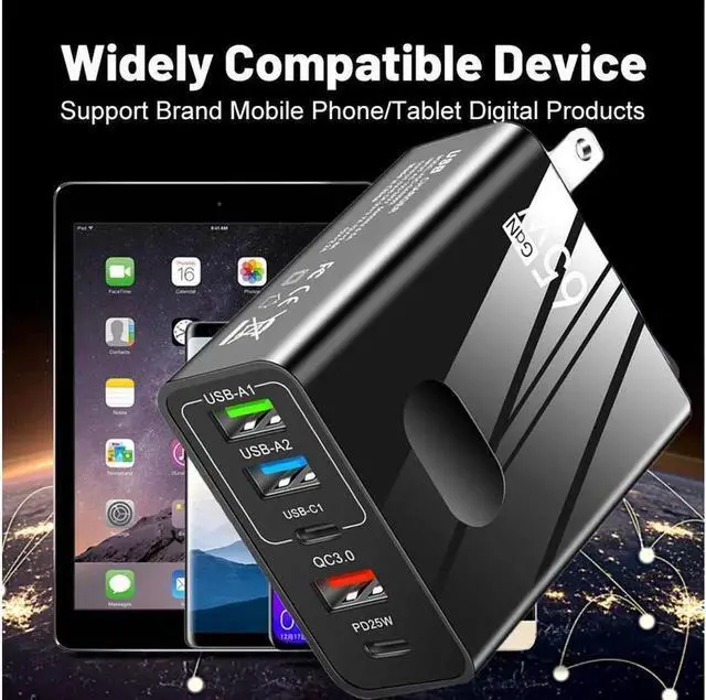 Alt view image 4 of 7 - 5-Port 65W USB-C PD Laptop Charger Power Adapter Compatible with MacBook Pro/Air, iPad Pro, iPhone 14 Pro, Galaxy Tab S8, S23, Dell XPS 13- White