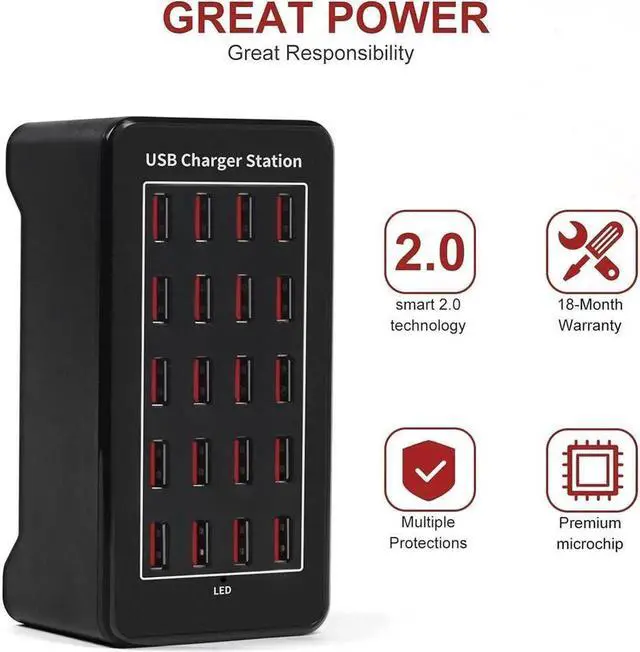 Main image of 100w 20(20A) Port, USB Fast Charging Station,Travel Desktop USB Rapid Charger,Multi Ports Charging Station Organizer Compatible with Smartphones,Tables,and More Devices - Black