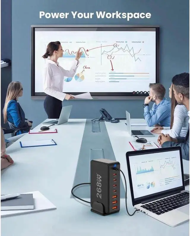 Alt view image 2 of 6 - 268W USB Type C Charger, 8 Port USB Desk Charger, 268 Watt GaN Fast Charger, QC4.0 PD3.0 Type C Foldable Adapter 268W. Compatible for All Phones and Tablets (Black)