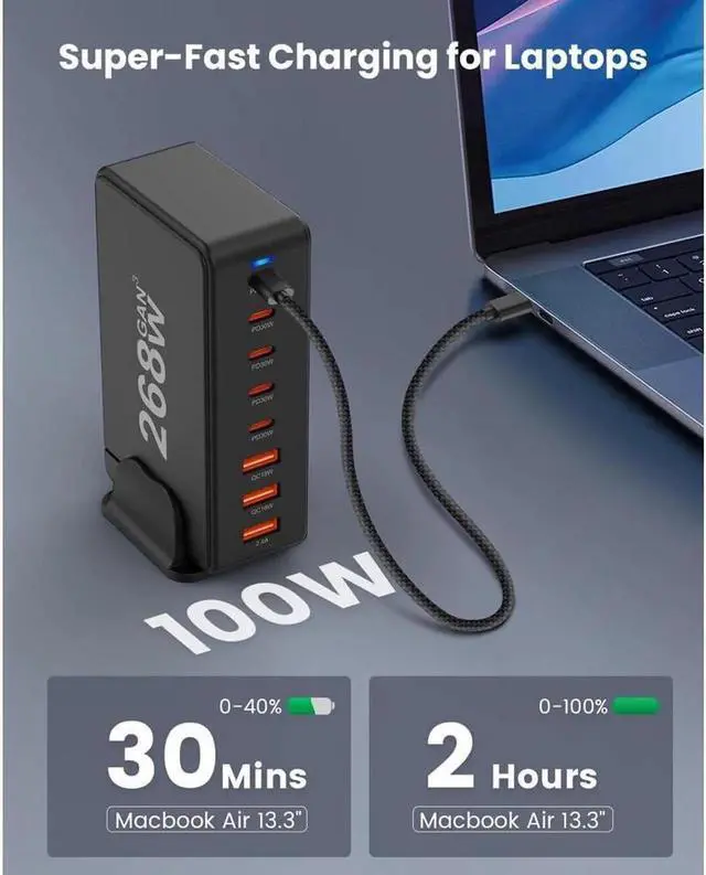 Alt view image 4 of 6 - 268W USB Type C Charger, 8 Port USB Desk Charger, 268 Watt GaN Fast Charger, QC4.0 PD3.0 Type C Foldable Adapter 268W. Compatible for All Phones and Tablets (Black)