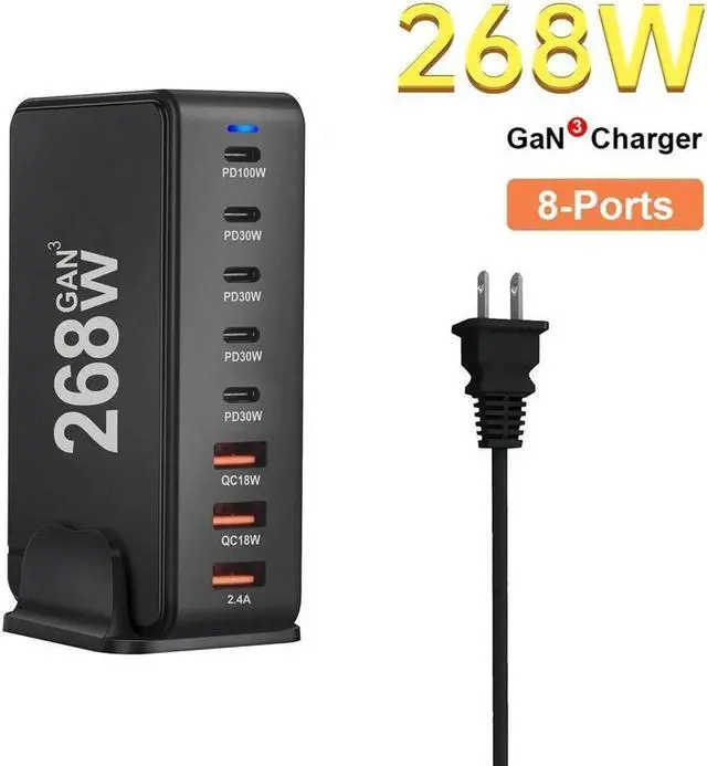 Main image of 268W USB Type C Charger, 8 Port USB Desk Charger, 268 Watt GaN Fast Charger, QC4.0 PD3.0 Type C Foldable Adapter 268W. Compatible for All Phones and Tablets (Black)