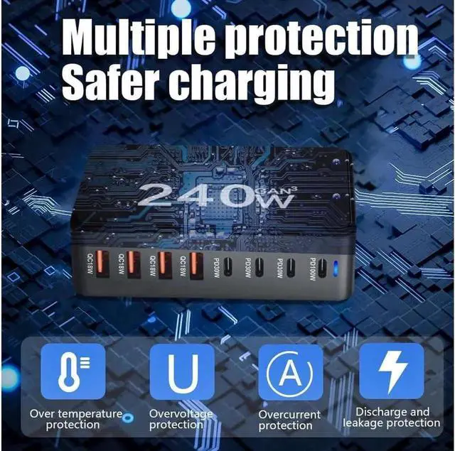 Alt view image 6 of 7 - 240W GaN USB C Quick Charge QC3.0 PD 3.0 TypeC 8 Port Supercharge Plug For iPad iPhone Samsung Xiaomi Universal Fast Charger - Black