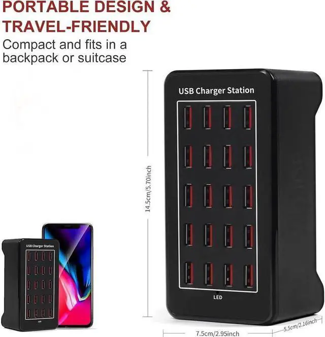 Alt view image 2 of 7 - 20-Port 100 watt (20 A) USB Charging Station, Travel Desktop USB Rapid Charger, Multi Ports Fast Charger Station Organizer Compatible with Smartphones, Tables, and More Devices - Black