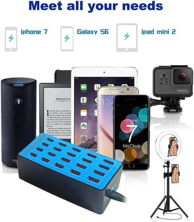 Alt view image 2 of 7 - Multiple USB Charging Station, 20 Ports 100W(20A) Fast Charger Station with Power Switch, Desktop Charging Station for Multiple Devices Compatible with Cell Phones iPad Kindle Tablet - Blue