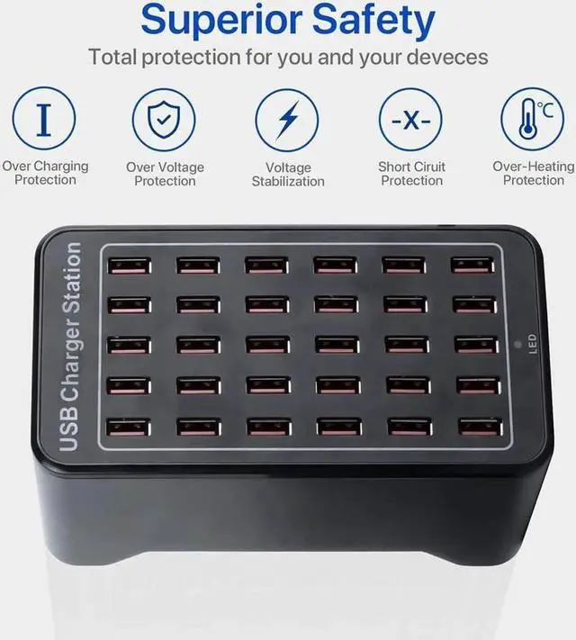 Alt view image 3 of 7 - 20-Port 150 watt (30 A) USB Charging Station, Travel Desktop USB Rapid Charger, Multi Ports Fast Charger Station Organizer Compatible with Smartphones, Tables, and More Devices - Black