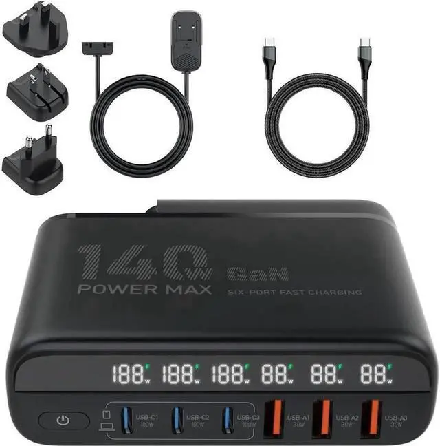 Main image of 140W USB Type C Charging Station Hub, 6 Port USB Desk Charger, 140 Watt GaN Fast Charger with Charger Power Strip Replaceable Plug Compatible for All Phones and Tablets