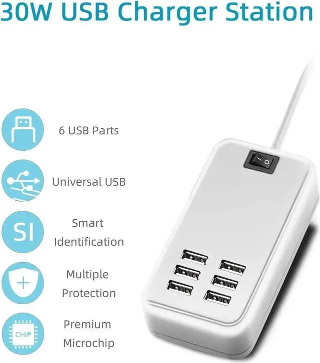 Alt view image 2 of 4 - 6 Ports USB Charger Hub Desktop US Plug AC Power Wall Travel Charging Adapter Slots Charging Station Extension Socket Outlet with Cable