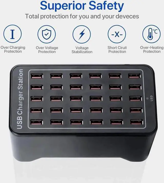 Alt view image 5 of 6 - Multiple USB Charging Station, 30 Ports 150W(30A) Fast Charger Station with Power Switch, Desktop Charging Station for Multiple Devices Compatible with Cell Phones iPad Kindle Tablet - Black